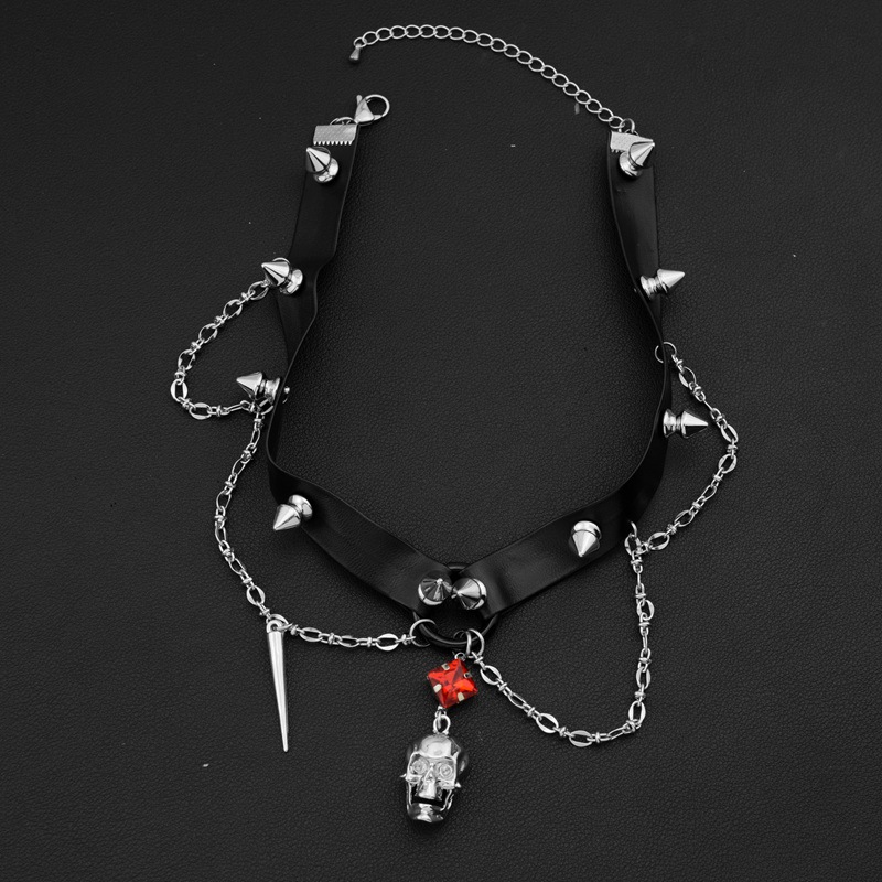Dark Skull Leather Choker, Y2K - Goth Punk Spike Choker 评论和价格