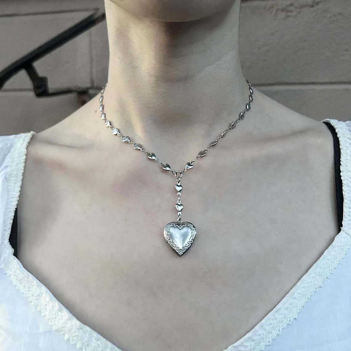 Rosary Lariat Chain Necklace w - Heart Locket Necklace Photo 评论和价格