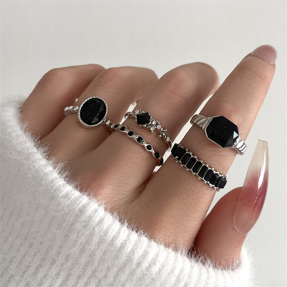 Retro Black Crystal Stone Ring - Vintage Punk Knuckle Rings Set 评论和价格
