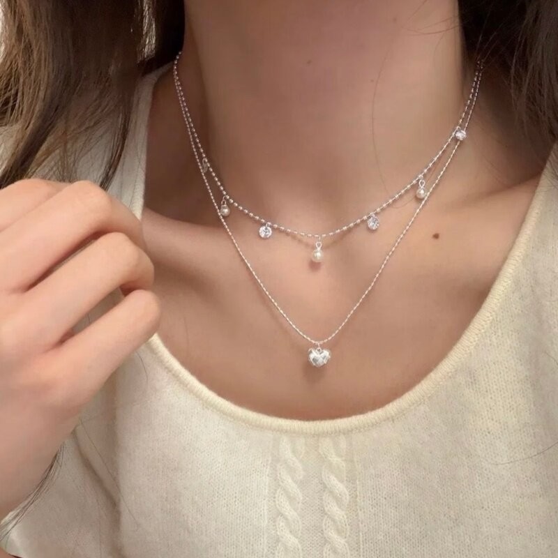 Double Layer Silver Bead Choke - Layered Pendant Necklace Aesthetic 评论和价格